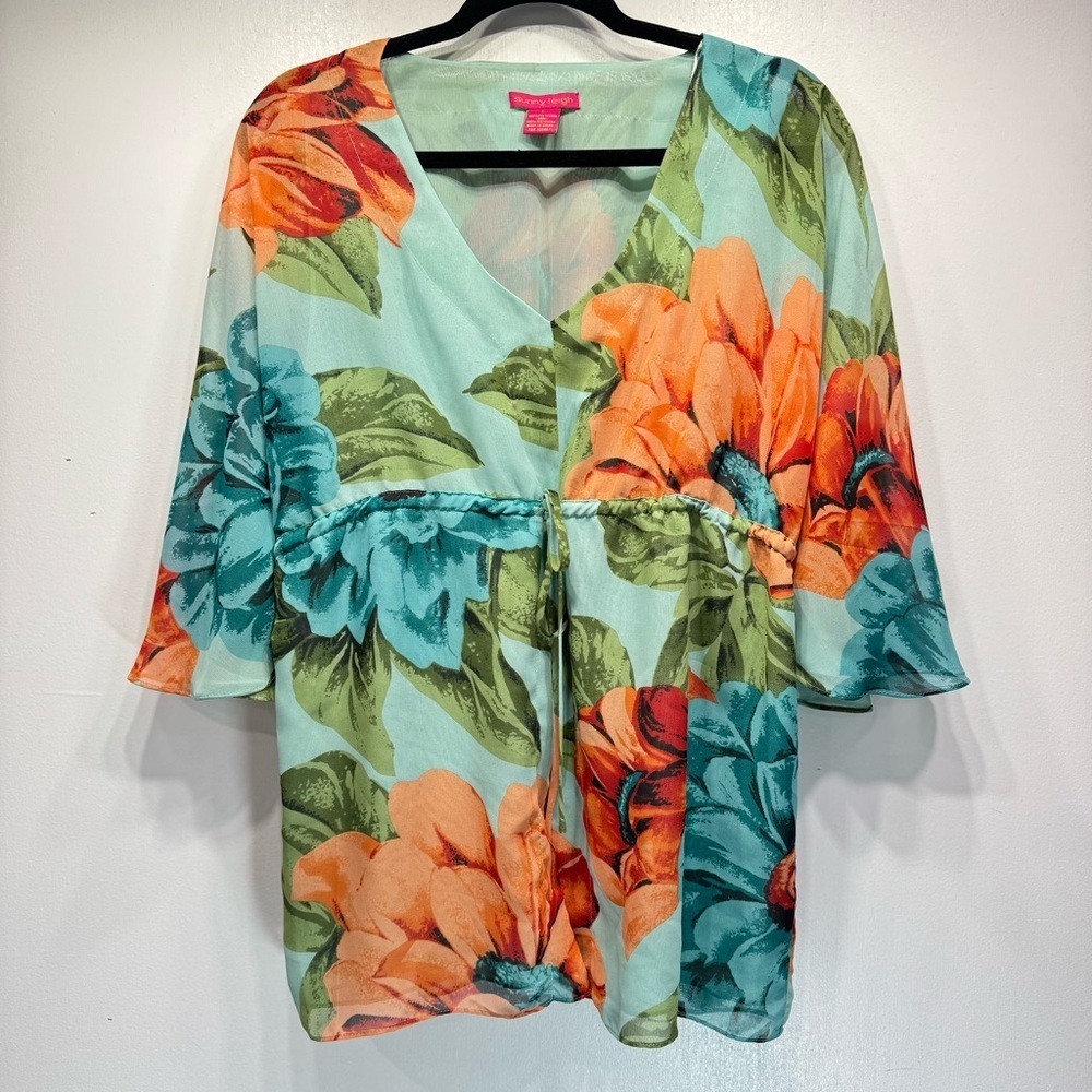 Tropical Floral Sheer Tulip Sleeve V Neck Kimono Tunic Blouse by Sunny Leigh